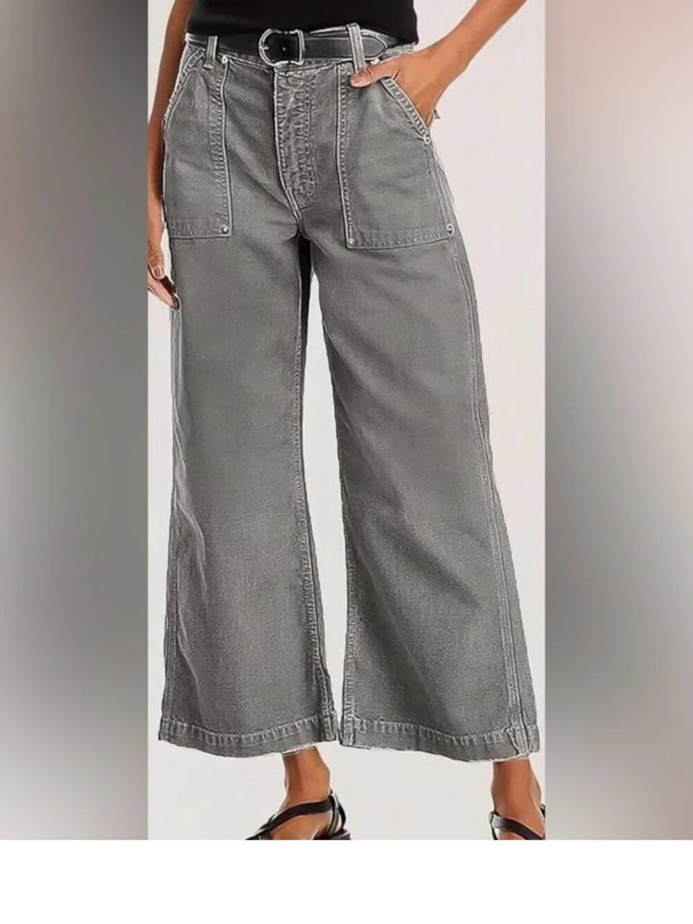 Flamingals Flap Pocket Back Mid Waist Wide Leg Crop Pants in Gray (L)